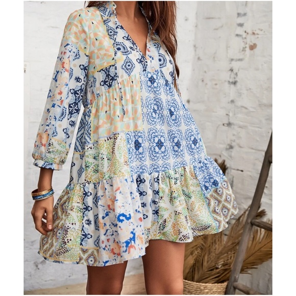 Boho Floral Print Ruffle Mini Dress - Picture 3 of 5
